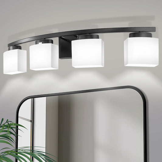 33.5 in. 4-Light Black Modern Square Vanity Light for Bathroom, Bedroom with Curved Arms and Milk White Glass Shades