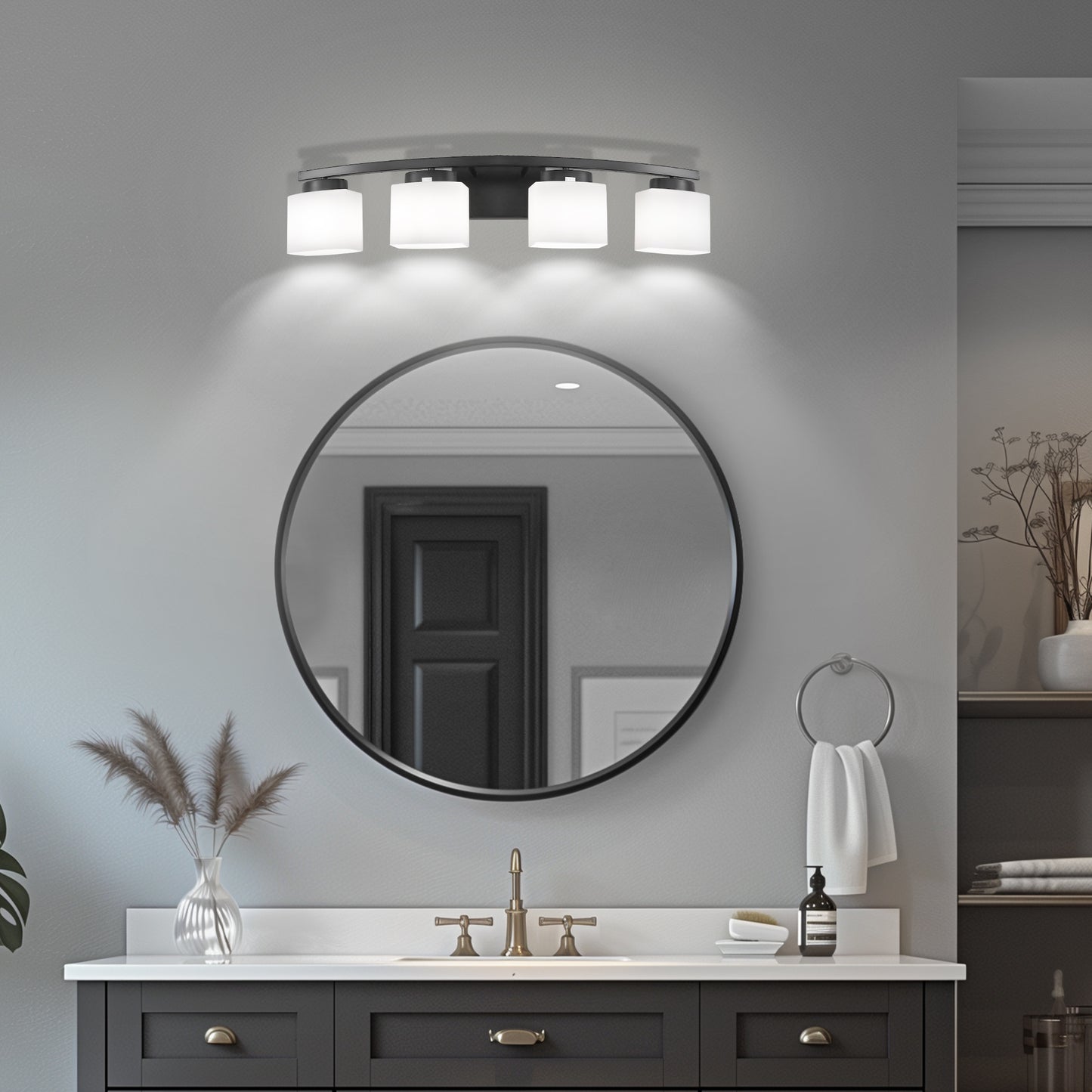 33.5 in. 4-Light Black Modern Square Vanity Light for Bathroom, Bedroom with Curved Arms and Milk White Glass Shades