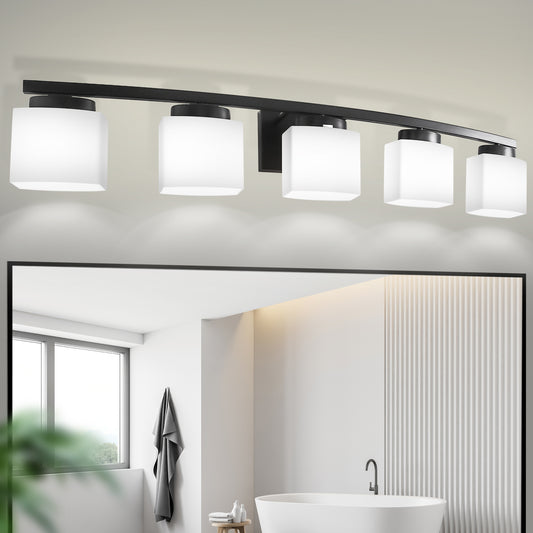 41 in. 5-Light Matte Black Modern Industrial Square Vanity Light for Bathroom with Curved Arms and Milk White Shades