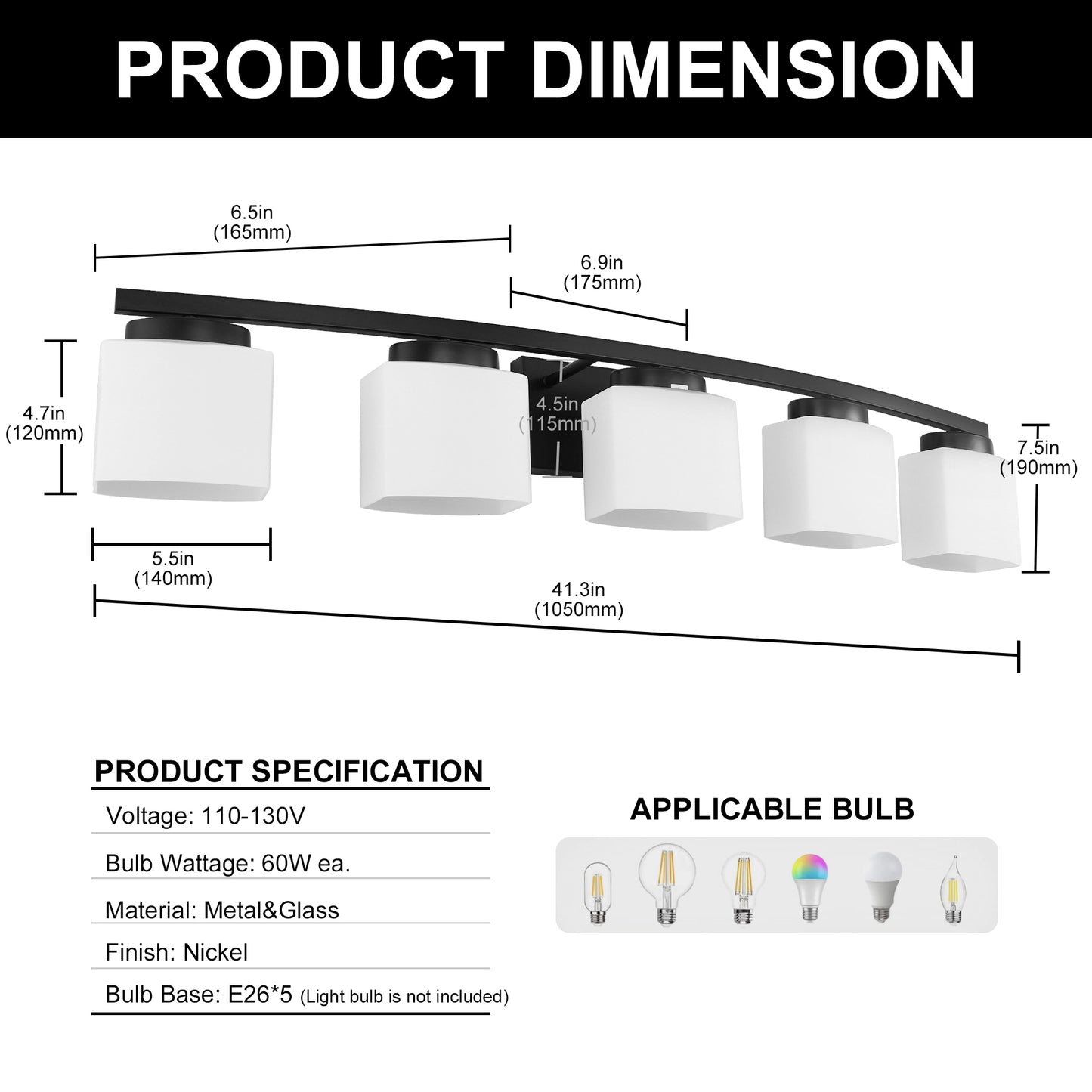 41 in. 5-Light Matte Black Modern Industrial Square Vanity Light for Bathroom with Curved Arms and Milk White Shades