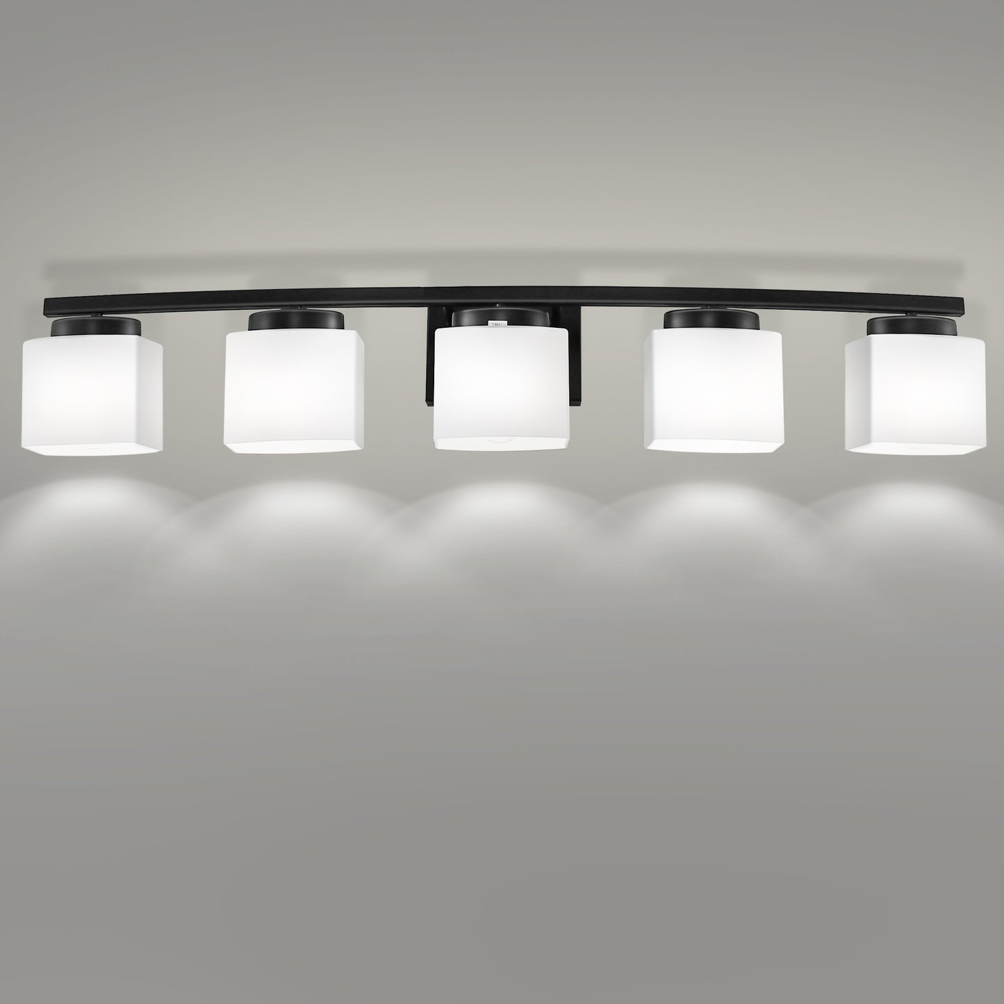 41 in. 5-Light Matte Black Modern Industrial Square Vanity Light for Bathroom with Curved Arms and Milk White Shades