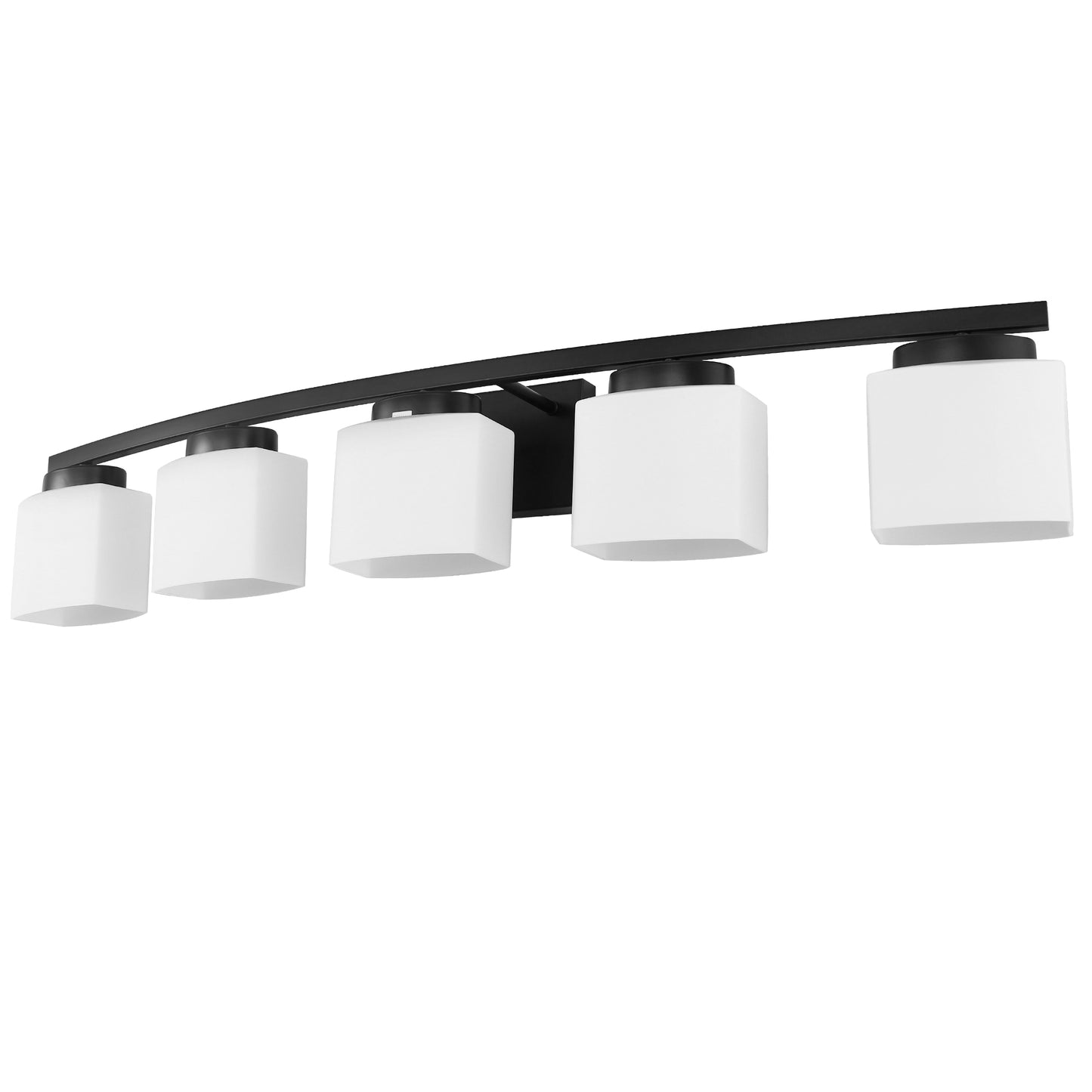 41 in. 5-Light Matte Black Modern Industrial Square Vanity Light for Bathroom with Curved Arms and Milk White Shades