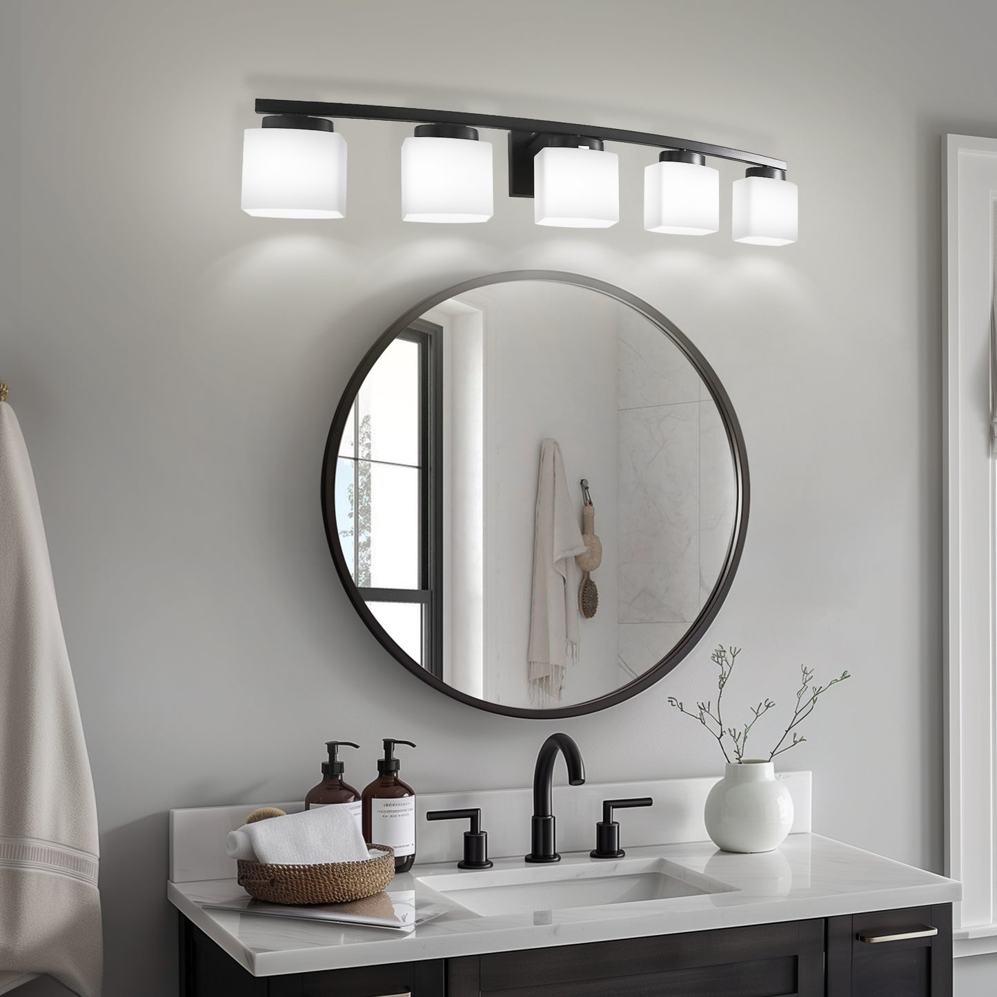 41 in. 5-Light Matte Black Modern Industrial Square Vanity Light for Bathroom with Curved Arms and Milk White Shades