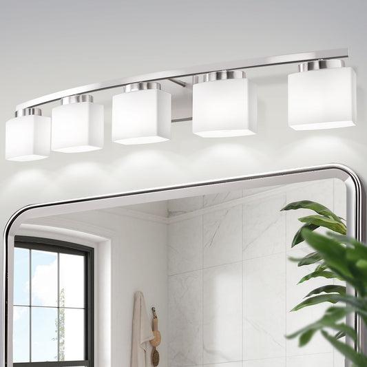 41 in. 5-Light Nickel Modern Square Vanity Light for Bathroom, Bedroom with Curved Arms and Milk White Glass Shades