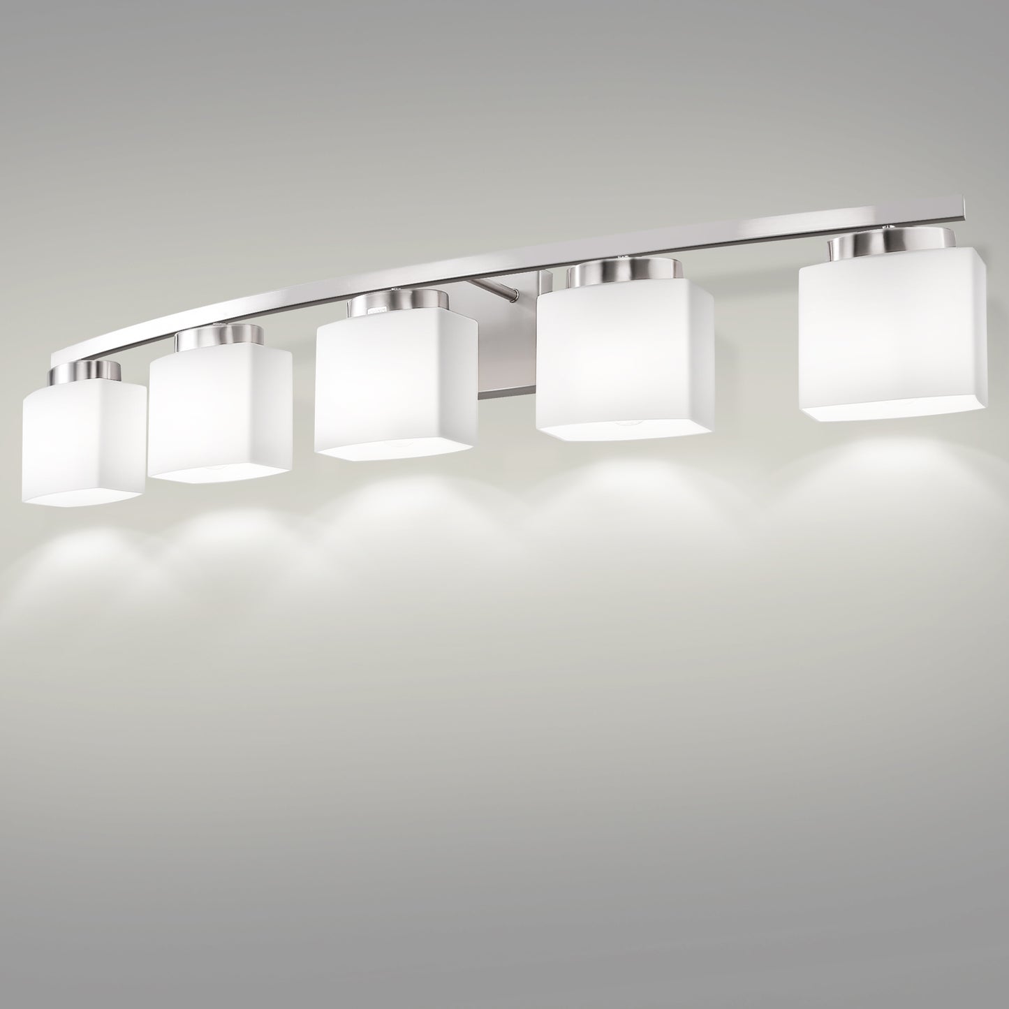 41 in. 5-Light Nickel Modern Square Vanity Light for Bathroom, Bedroom with Curved Arms and Milk White Glass Shades