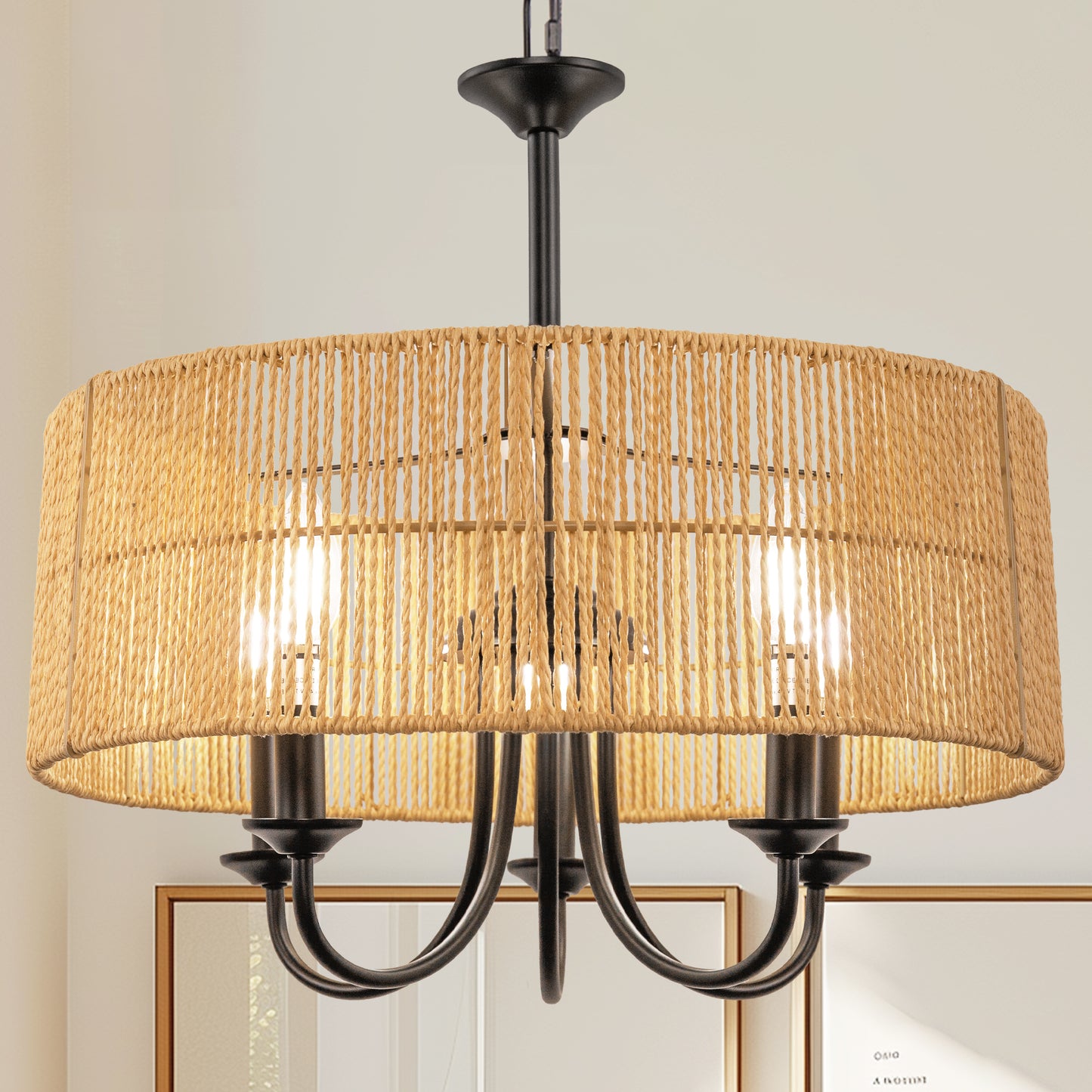 5-Light Hand Woven Rattan Pendant Light, Boho Large Farmhouse Chandelier Rattan Shade for Living Room