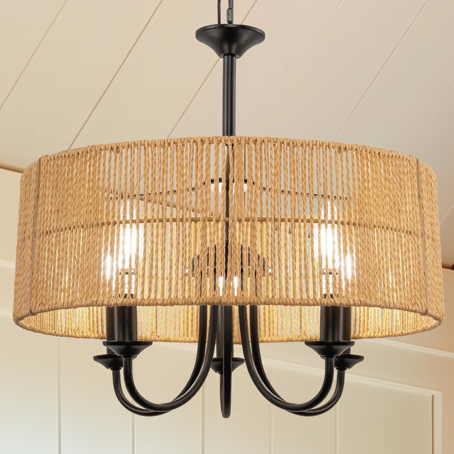 5-Light Hand Woven Rattan Pendant Light, Boho Large Farmhouse Chandelier Rattan Shade for Living Room