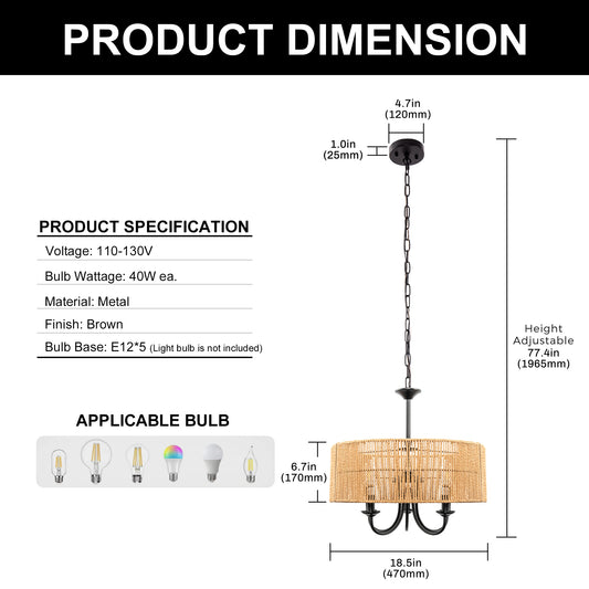 5-Light Hand Woven Rattan Pendant Light, Boho Large Farmhouse Chandelier Rattan Shade for Living Room