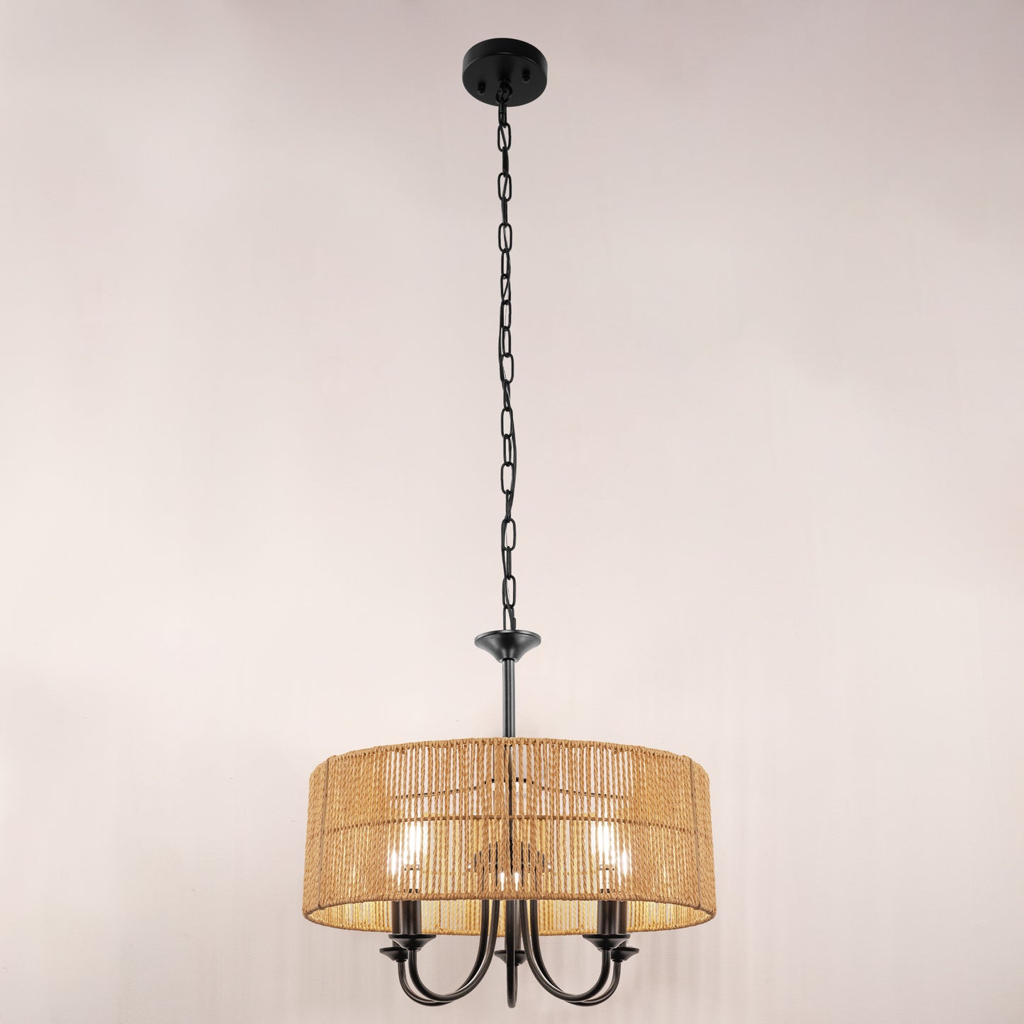 5-Light Hand Woven Rattan Pendant Light, Boho Large Farmhouse Chandelier Rattan Shade for Living Room
