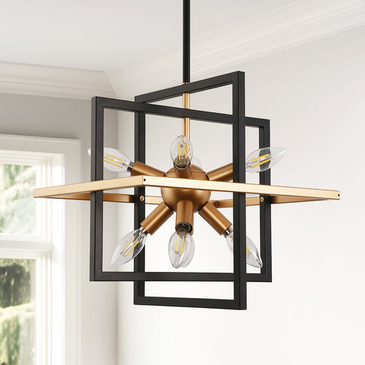 8-Light Black and Gold Modern Geometric Chandeliers, Industrial Adjustable Hanging Sputnik Pendant Light