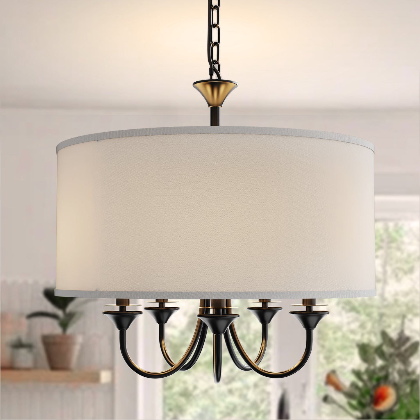 20 in. 5-Light Black Candle Style Empire Chandelier with Fabric Shades for Home Lighting