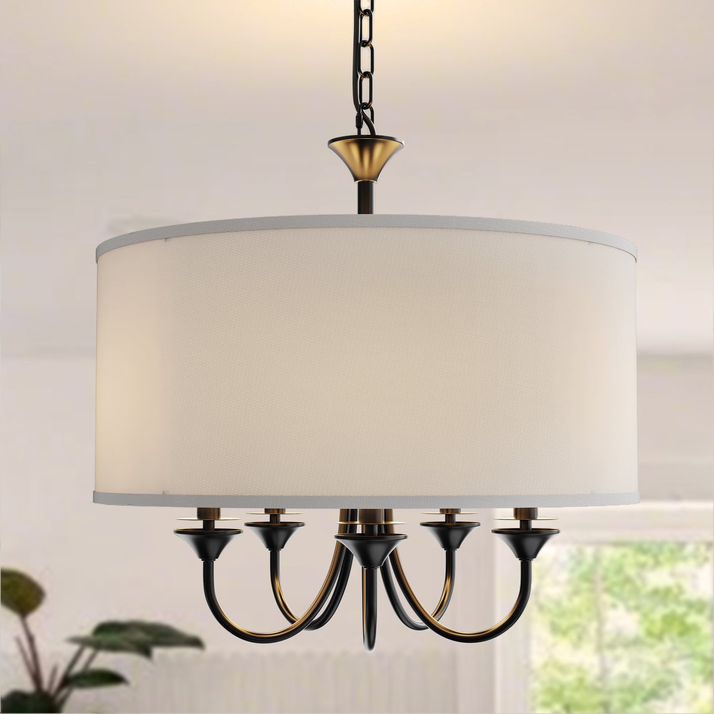 20 in. 5-Light Black Candle Style Empire Chandelier with Fabric Shades for Home Lighting