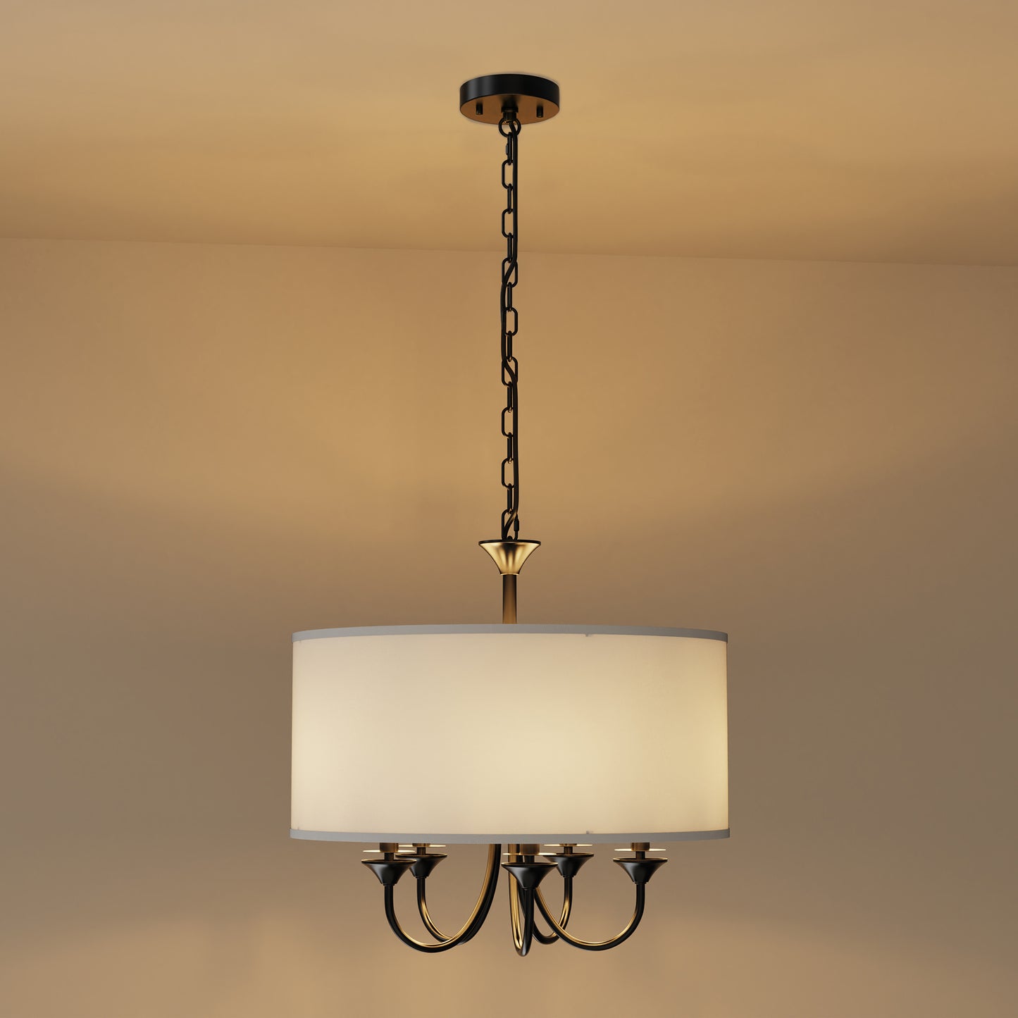 20 in. 5-Light Black Candle Style Empire Chandelier with Fabric Shades for Home Lighting