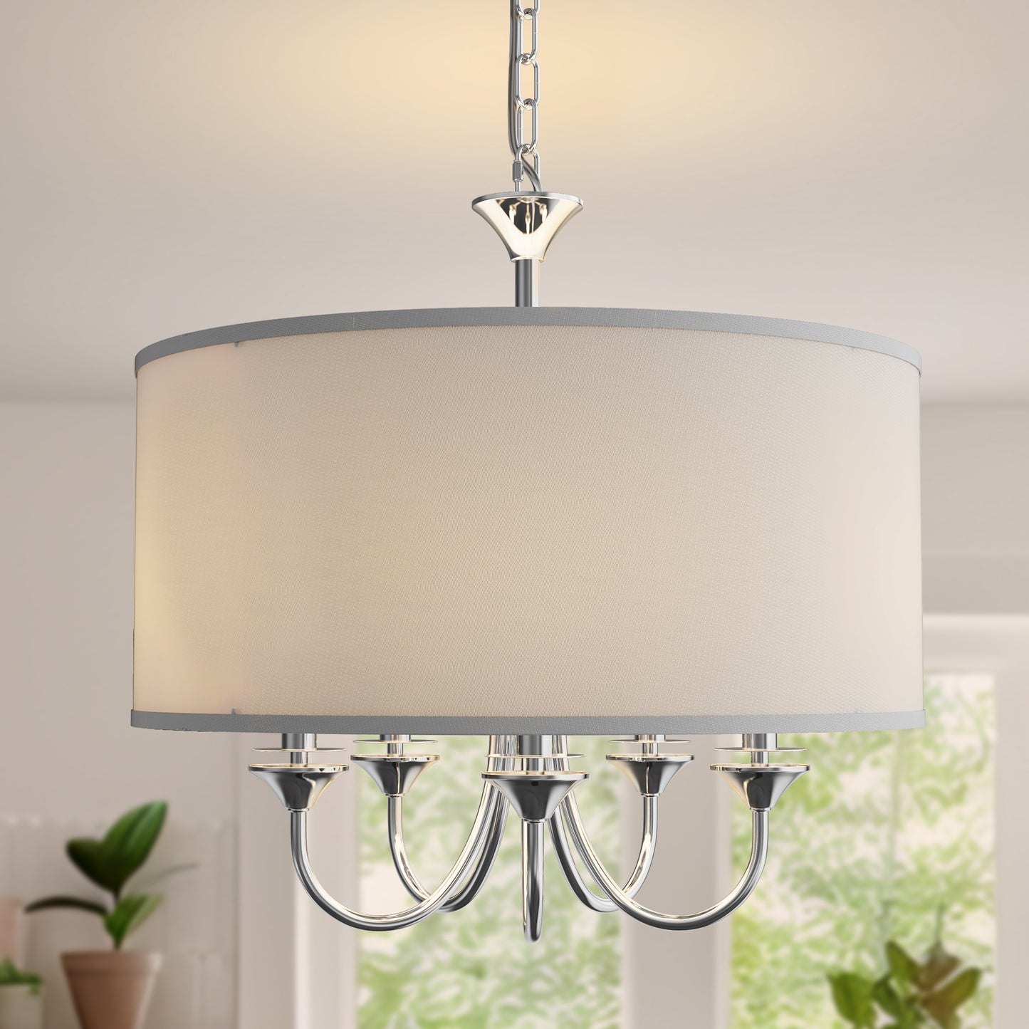 YANSUN 80.5 in. 5-Light Silver Drum Chandelier Modern Branch Arm Pendant Light E12 Base for Dining Room Kitchen Living Room