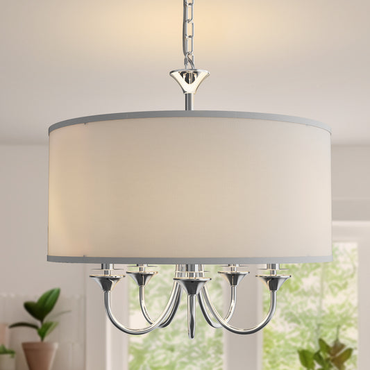 YANSUN 80.5 in. 5-Light Silver Drum Chandelier Modern Branch Arm Pendant Light E12 Base for Dining Room Kitchen Living Room