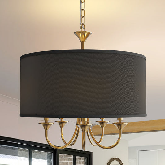20 in. 5-Light Gold Candle Style Empire Chandelier with Black Fabric Shades for Home Lighting