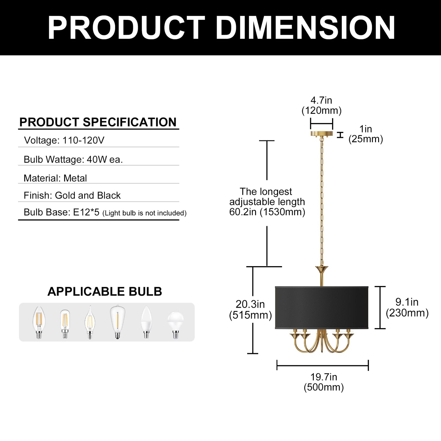 20 in. 5-Light Gold Candle Style Empire Chandelier with Black Fabric Shades for Home Lighting