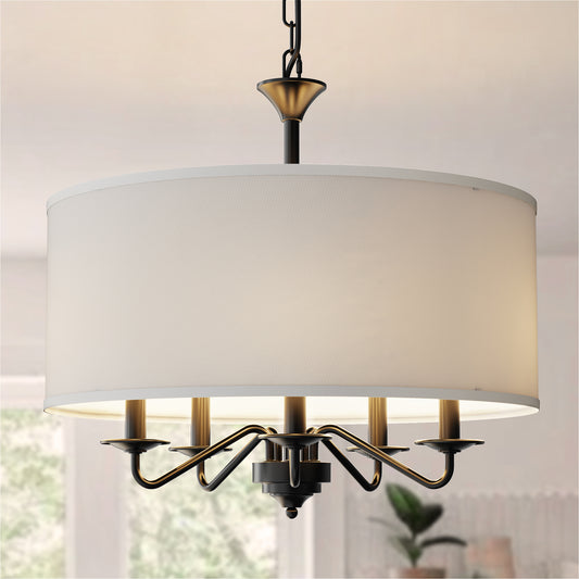 20 in. 5-Light Black Empire Chandelier with Fabric Shades for Dining and Living Room