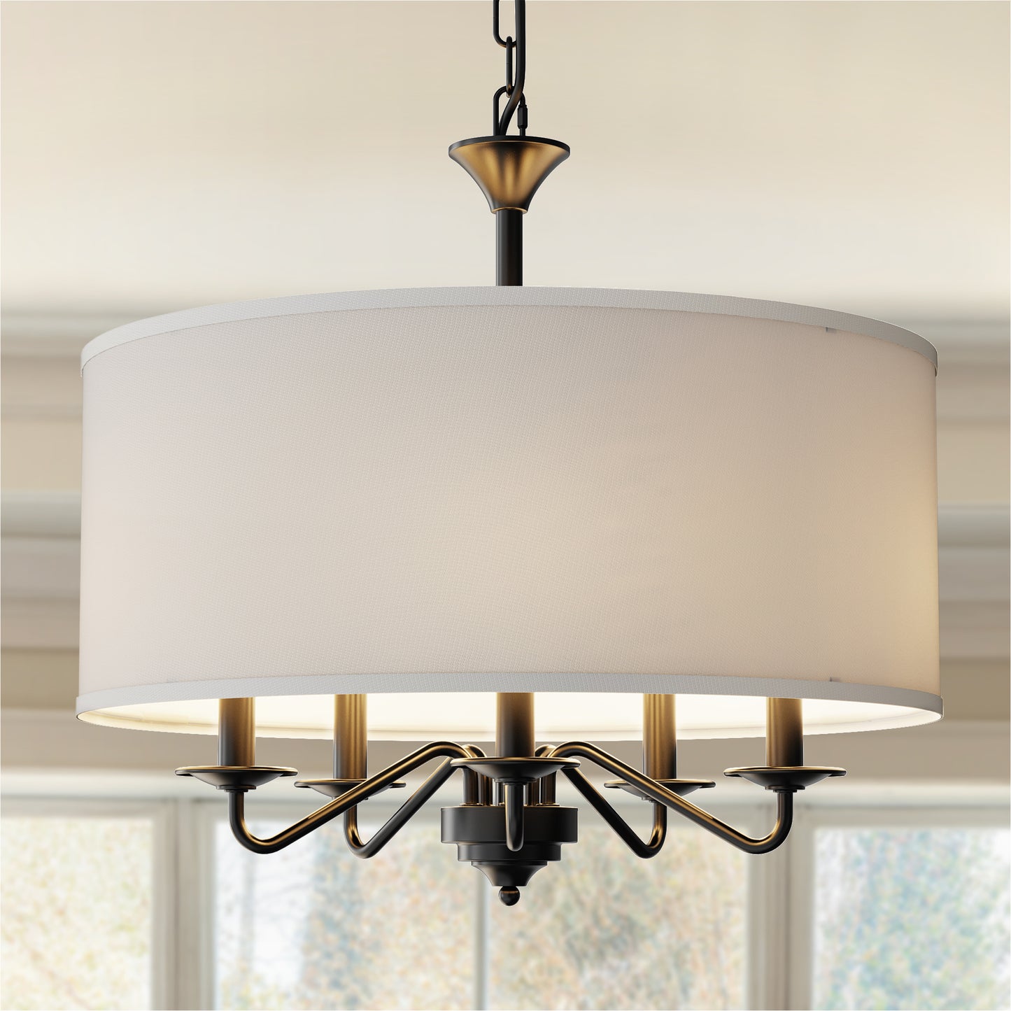 YANSUN 19.7 in. 5-Light Black Modern Drum Chandelier E12 Base Pendant Light with White Fabric Shade for Dining Room Kitchen