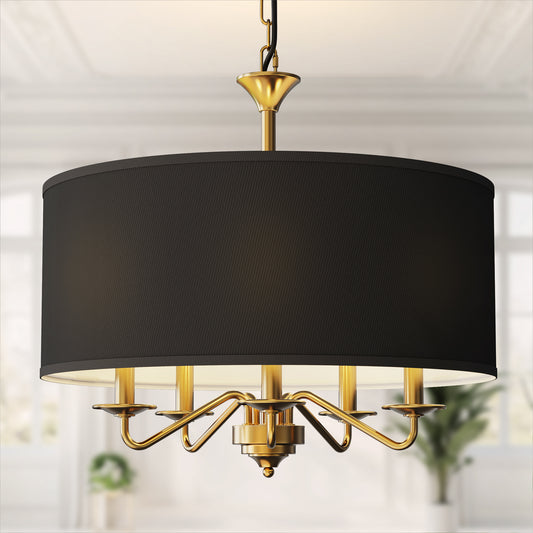 YANSUN Modern Gold 5-Light E12 Chandelier with White Shades for Kitchen Living Room and Entryway (Light Bulbs Not Included)