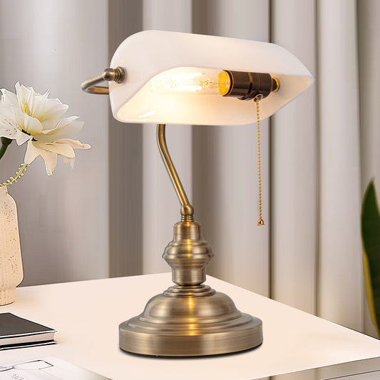 14 in. Banker Task and Reading Elegant Gold Bedside Lamp with White Glass Shade, Desk Light with Pull Chain for Bedroom