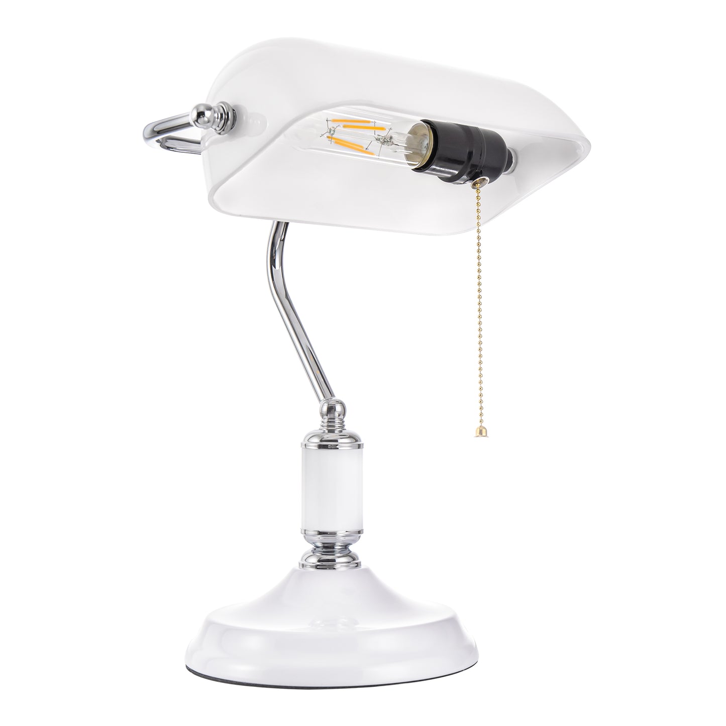 15 in. Silver Task and Reading Bankers Lamp with White Glass Shade and Pull Chain, 350° Adjustable Desk Lamp for Bedroom