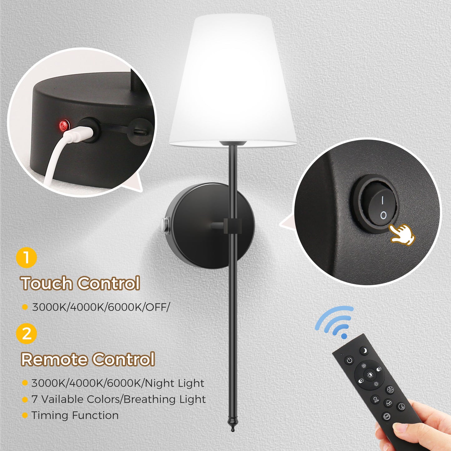 8 in. 1-Light Black Wall Sconce, Rechargeable Wall Sconce with Detachable Bulbs and Fabric Shade for Living Room(2-Pack)
