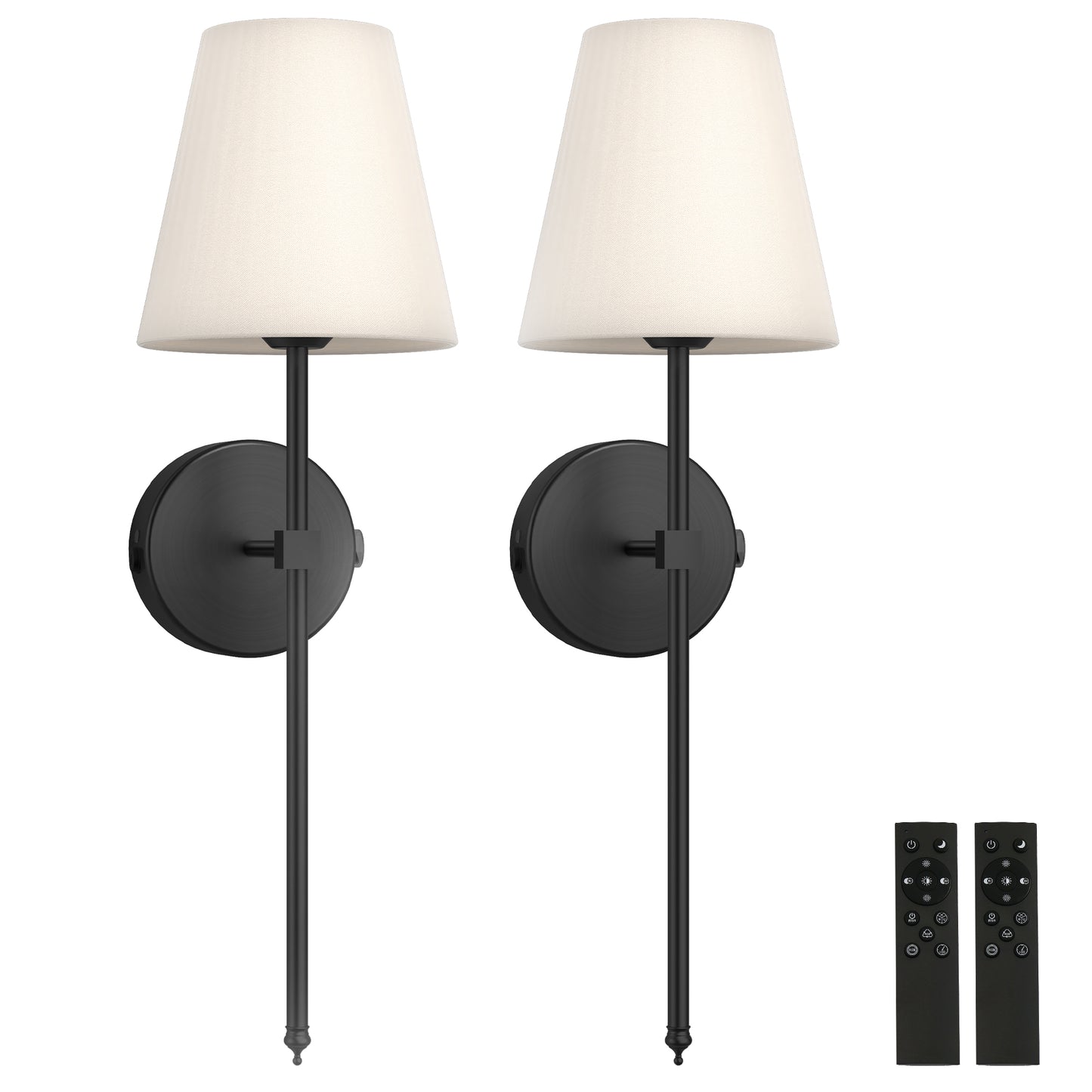 8 in. 1-Light Black Wall Sconce, Rechargeable Wall Sconce with Detachable Bulbs and Fabric Shade for Living Room(2-Pack)