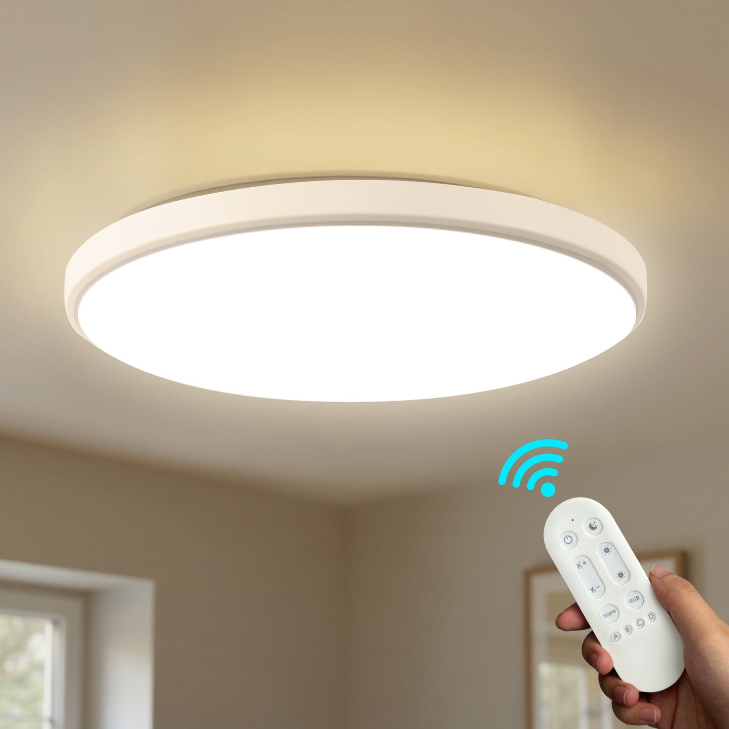 YANSUN 24W LED Ceiling Light with Full White Shade, RGB Music Sync, WiFi & Bluetooth, Remote Control Compatible with Amazon Echo, Google Assistant, and Tmall Genie