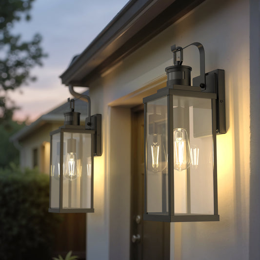 YANSUN Modern 18 in. 1-Light Black Outdoor Wall Sconce with Glass Shade, Dusk to Dawn and Motion Sensor, 2-Pack