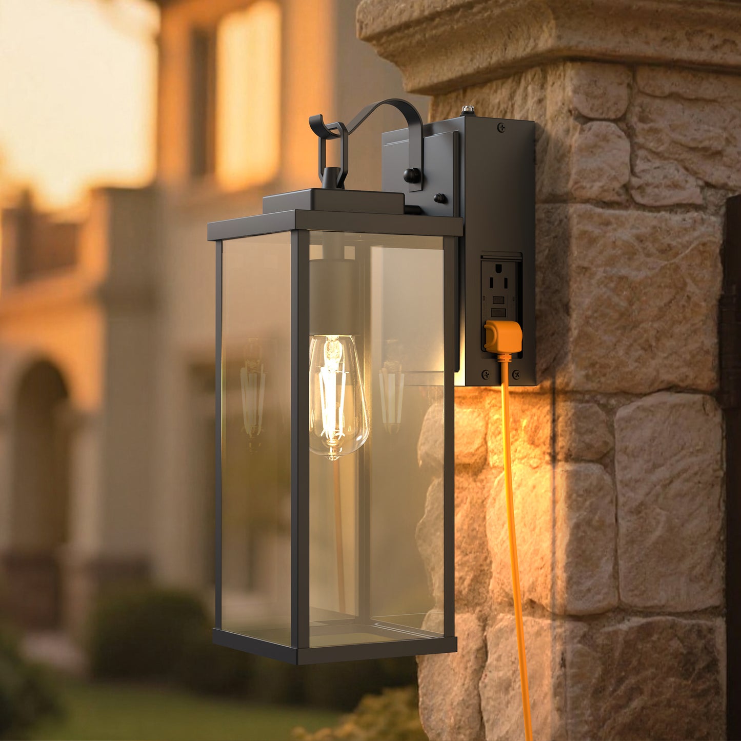 YANSUN Clear Rectangular Outdoor Wall Light with Upward Hook Square Frame, Non-Integrated Bulb, E26 Socket