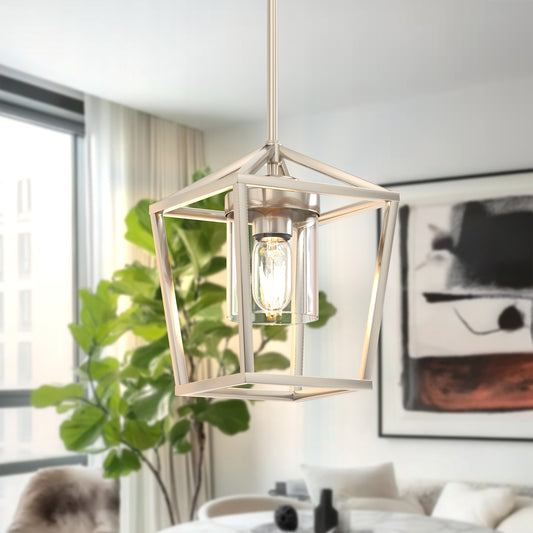 7 in. 1-Light Brushed Nickel Modern Farmhouse Cage Lantern Pendant with Clear Glass