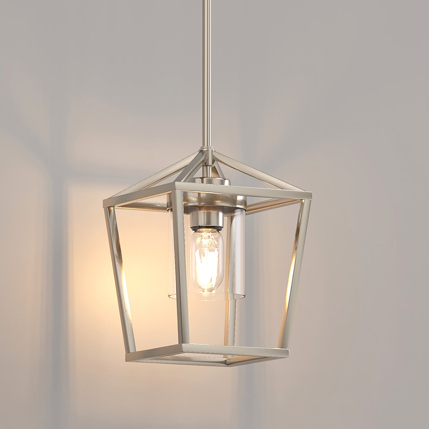 7 in. 1-Light Brushed Nickel Modern Farmhouse Cage Lantern Pendant with Clear Glass