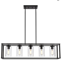 YANSUN Modern 5-Light Matte Black Island Pendant Light with Clear Glass Shades, Adjustable Chain, No Bbs Included