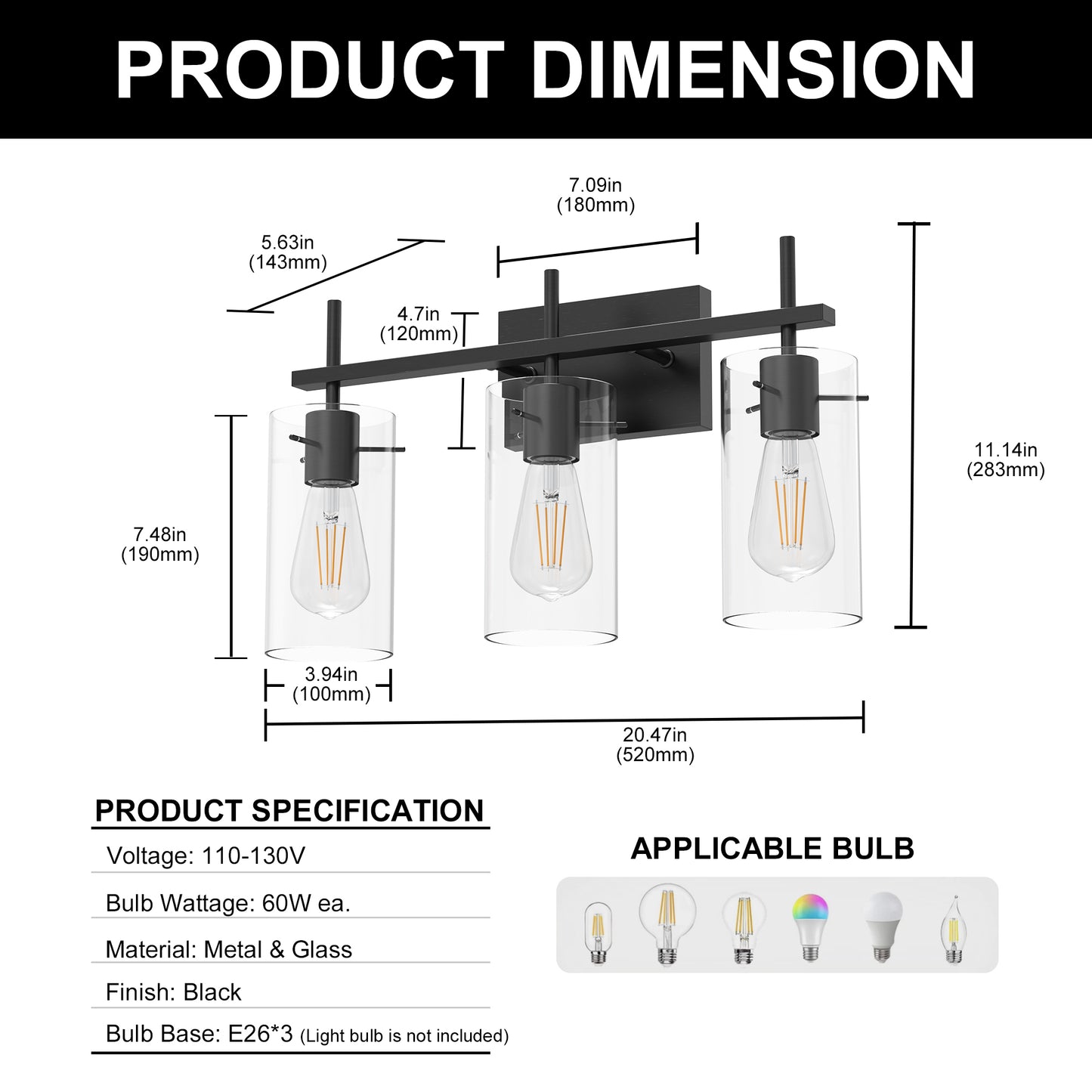 20 in. 3-Light Bathroom Fixture,Matte Black Metal Vanity Light with Clear Glass Shades, Modern Bathroom Lighting