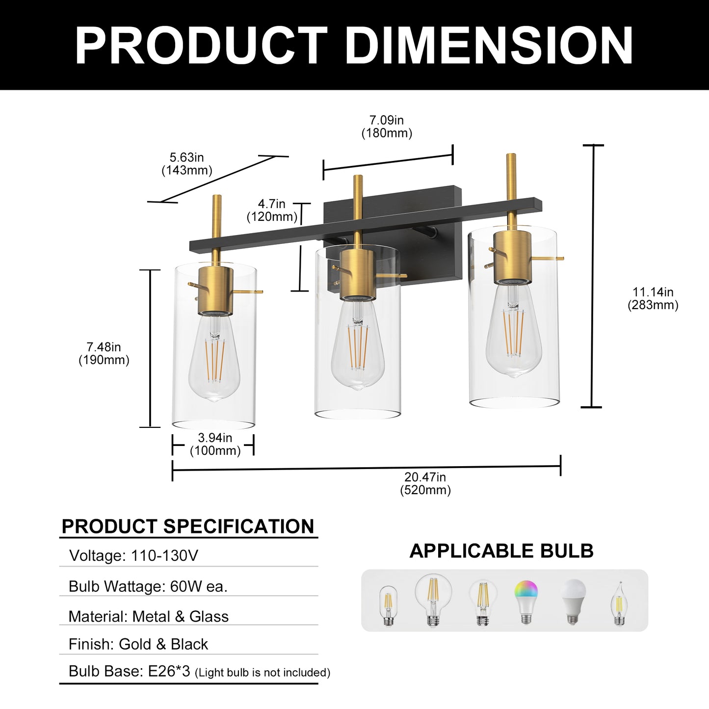 20 in. 3-Light Bathroom Fixture, Black and Gold Metal Vanity Light Frame with Clear Glass Shades