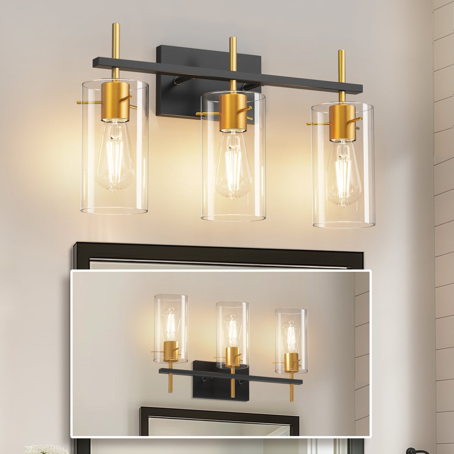 20 in. 3-Light Bathroom Fixture, Black and Gold Metal Vanity Light Frame with Clear Glass Shades
