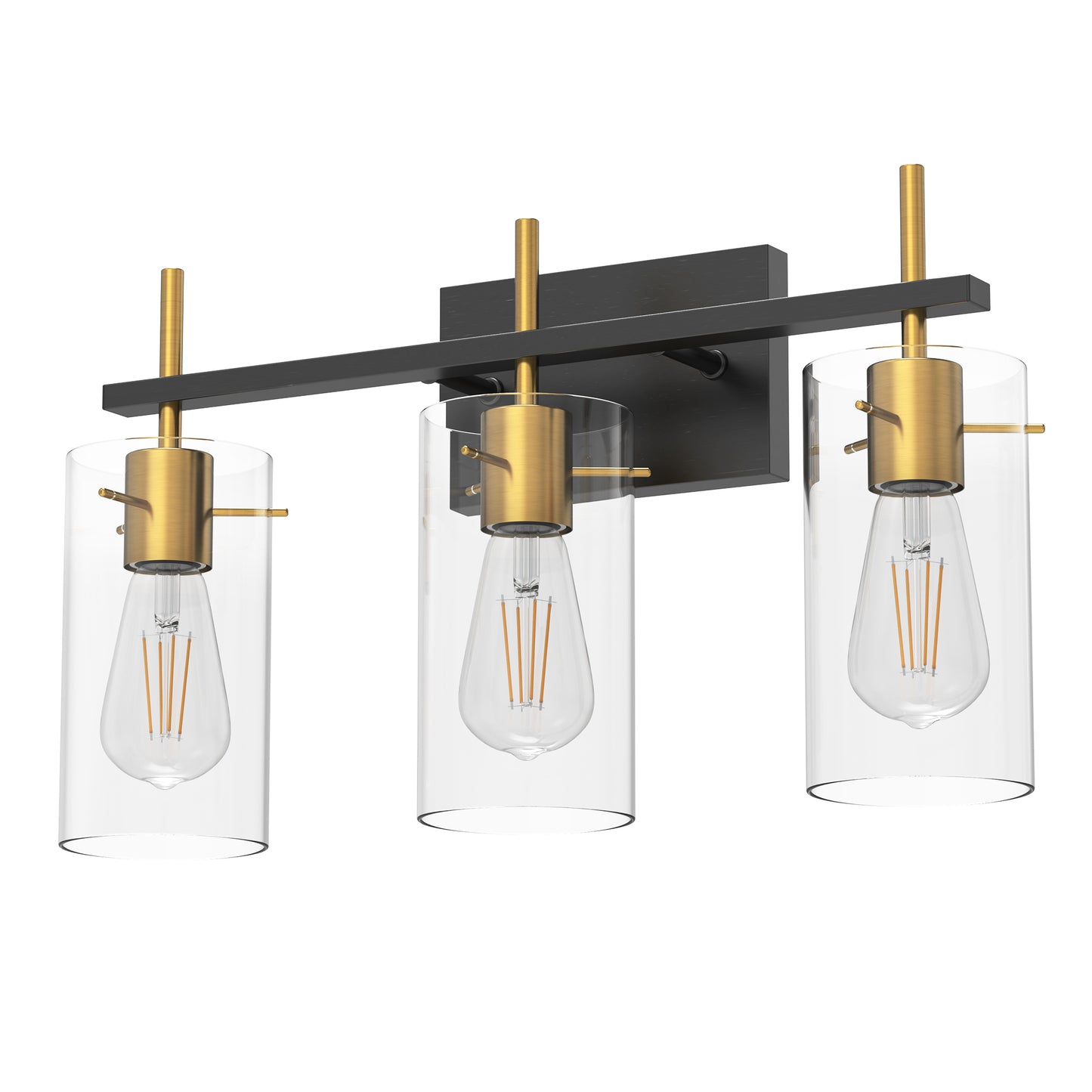 20 in. 3-Light Bathroom Fixture, Black and Gold Metal Vanity Light Frame with Clear Glass Shades