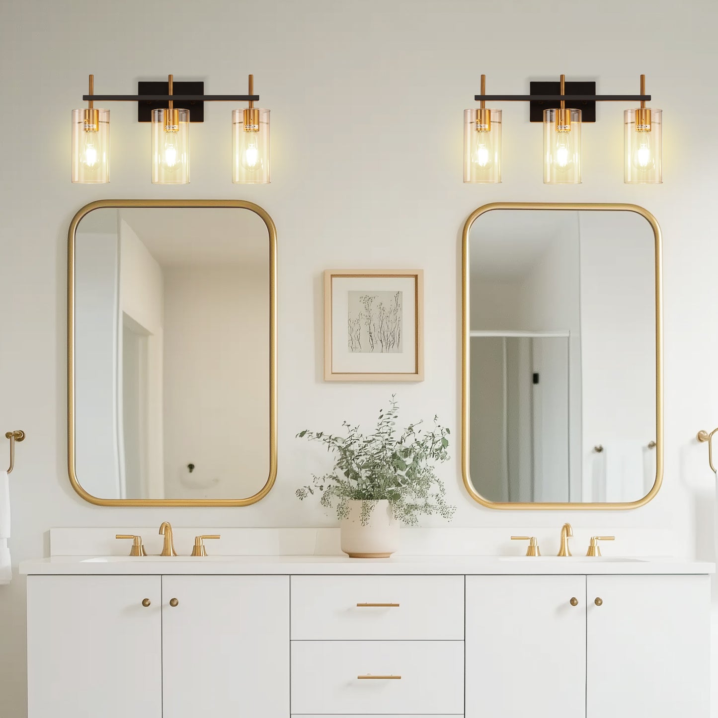 20 in. 3-Light Bathroom Fixture, Black and Gold Metal Vanity Light Frame with Clear Glass Shades