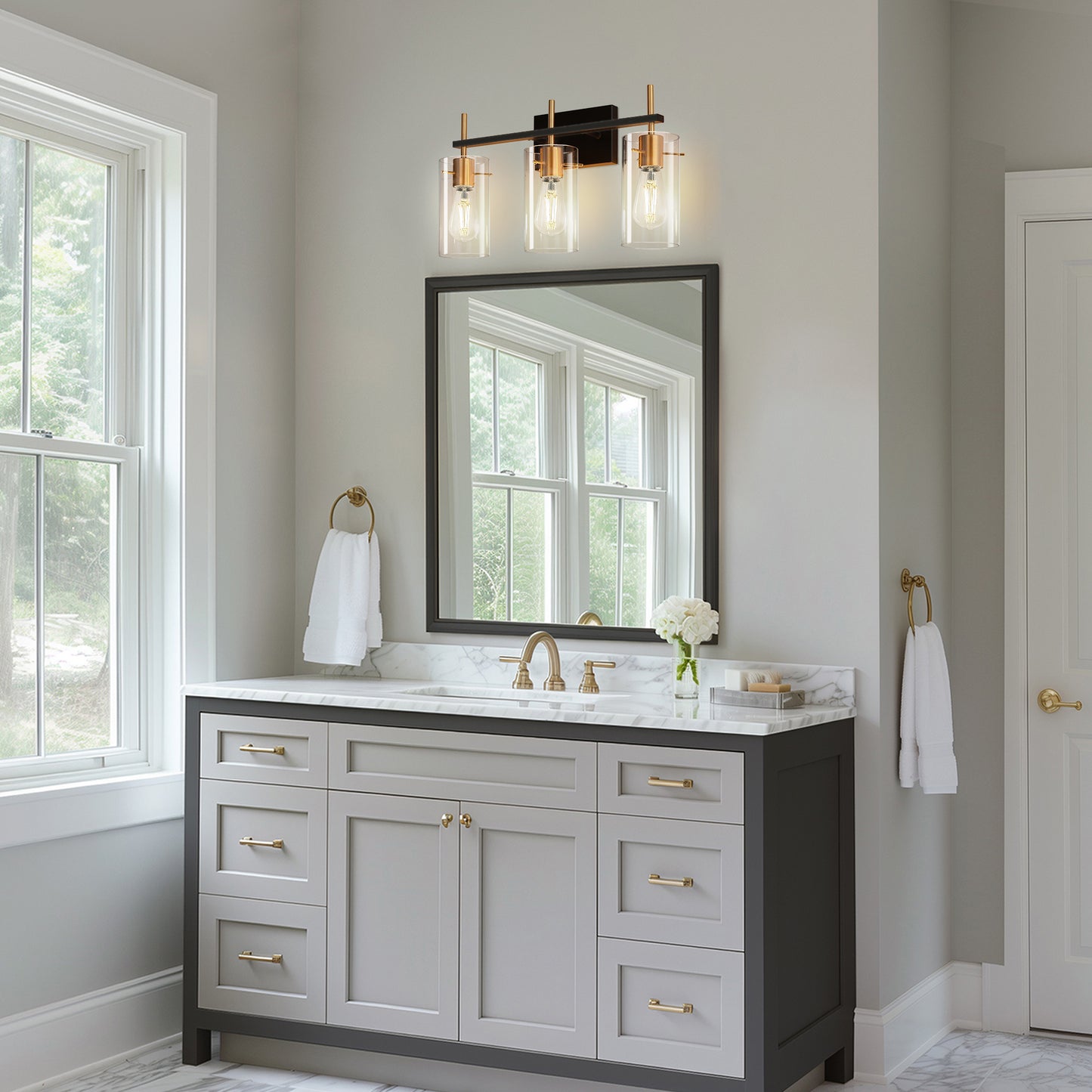 20 in. 3-Light Bathroom Fixture, Black and Gold Metal Vanity Light Frame with Clear Glass Shades