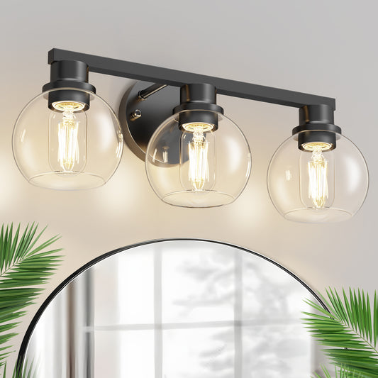 19 in. 3-Light Black Bathroom Vanity Light, LED Interior Powder Room Lighting with Clear Globe Shades