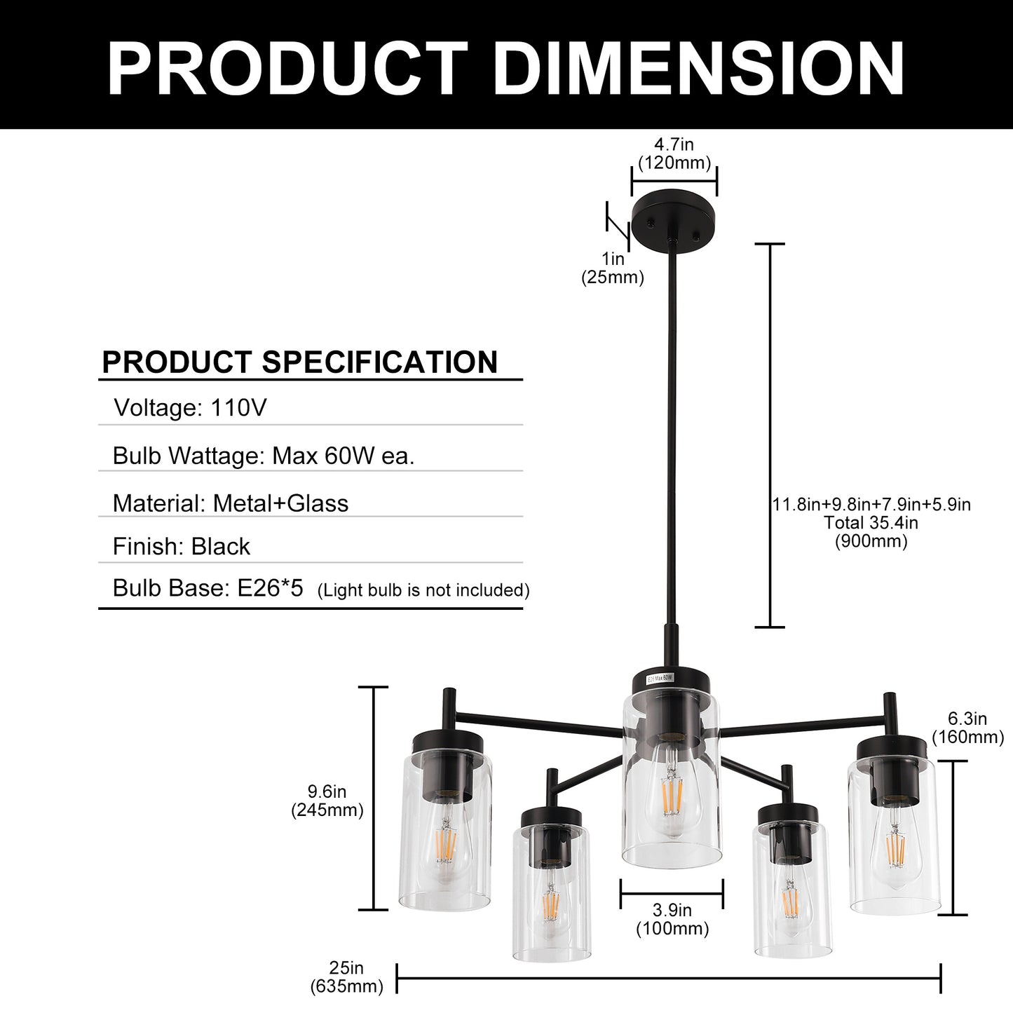 5-Light Black Pendant Light with Clear Glass Shades - Adjustable Modern Chandelier for Living Room or Foyer