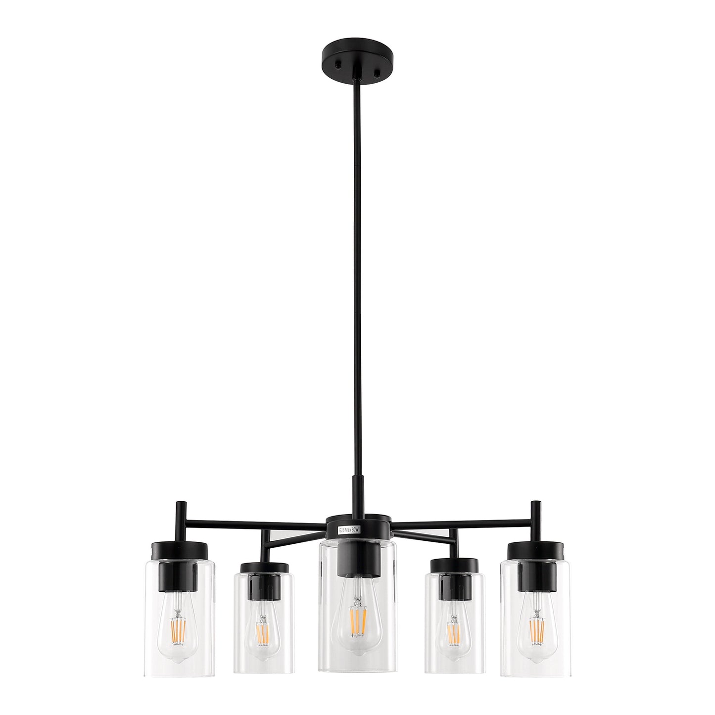 5-Light Black Pendant Light with Clear Glass Shades - Adjustable Modern Chandelier for Living Room or Foyer