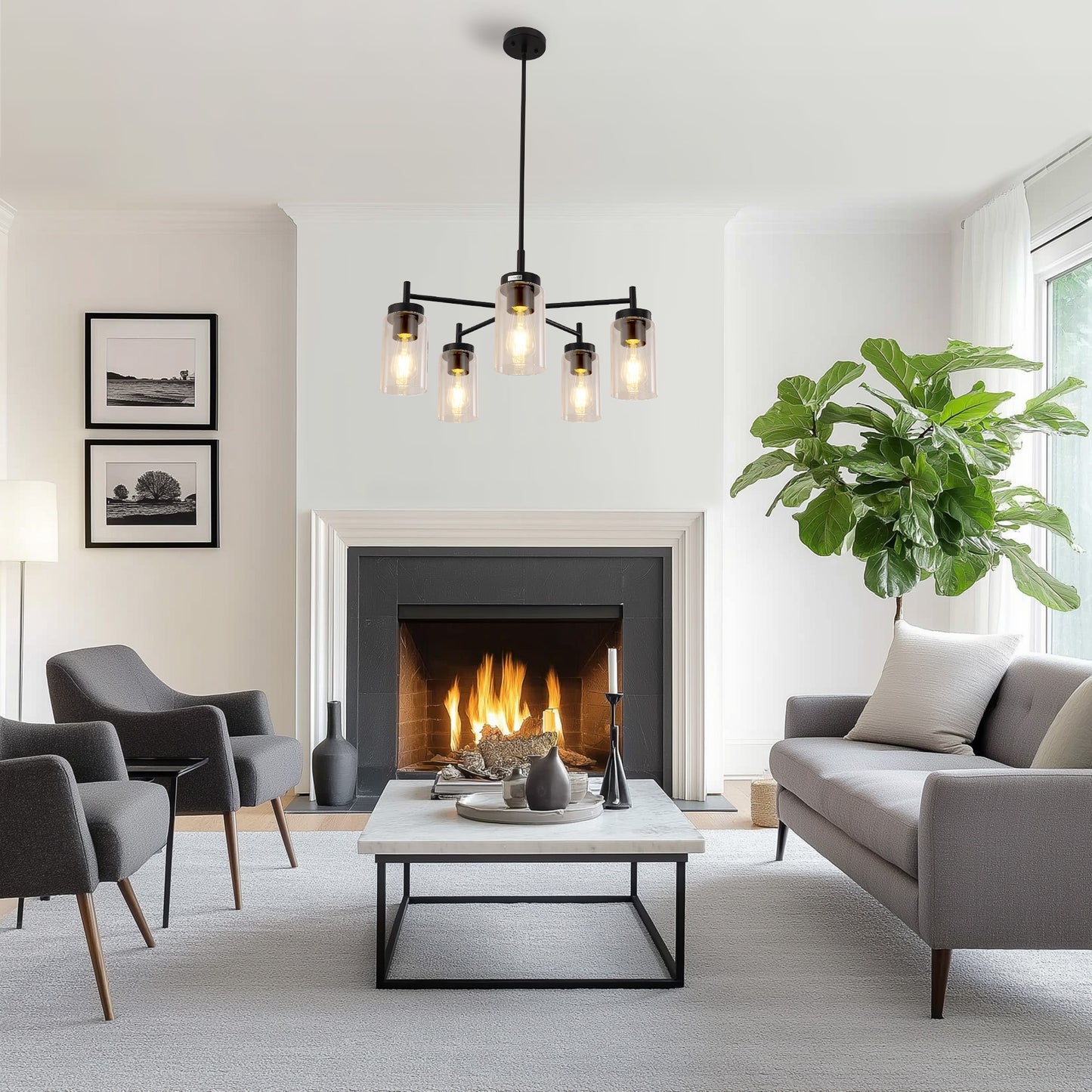 5-Light Black Pendant Light with Clear Glass Shades - Adjustable Modern Chandelier for Living Room or Foyer