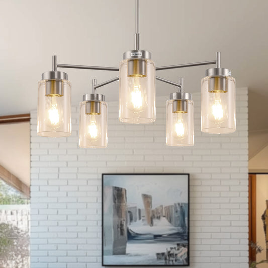 5-Light Nickel Pendant Light with Clear Glass Shades - Adjustable Chandelier for Dining Room, Kitchen, or Foyer