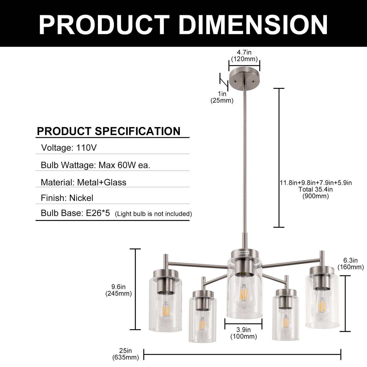 5-Light Nickel Pendant Light with Clear Glass Shades - Adjustable Chandelier for Dining Room, Kitchen, or Foyer