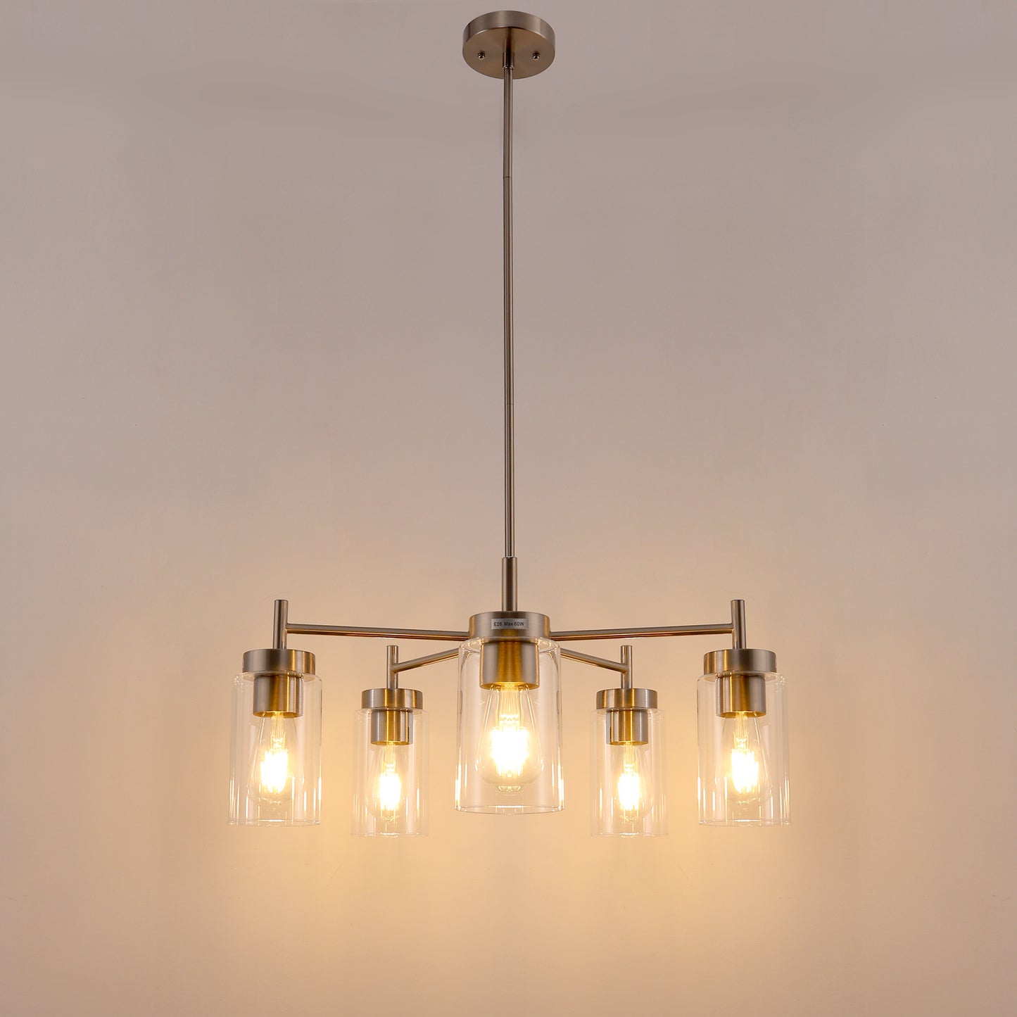 5-Light Nickel Pendant Light with Clear Glass Shades - Adjustable Chandelier for Dining Room, Kitchen, or Foyer