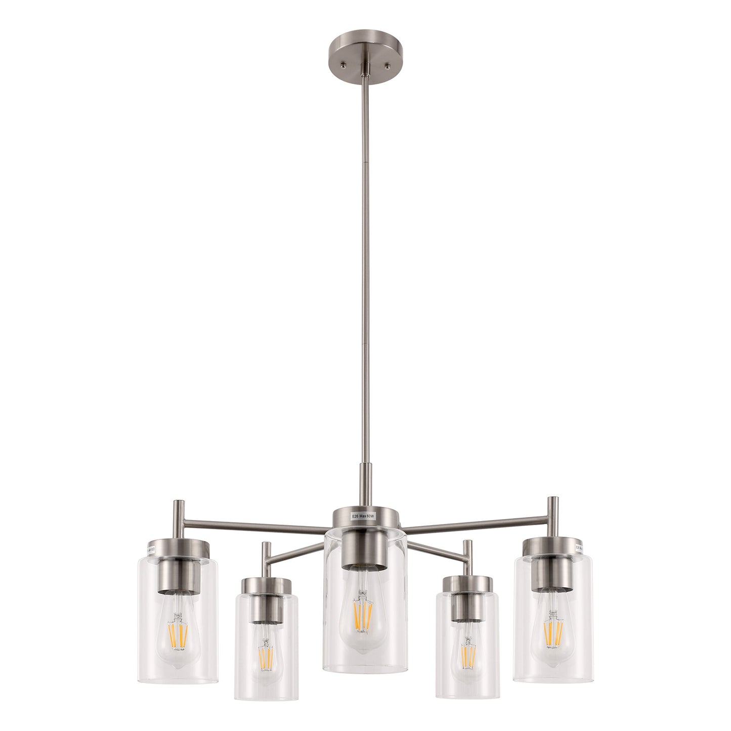 5-Light Nickel Pendant Light with Clear Glass Shades - Adjustable Chandelier for Dining Room, Kitchen, or Foyer
