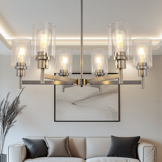 6-Light Brushed Nickel Farmhouse Chandelier - Clear Glass Shade Pendant Light Fixture for Living Room or Dining Room