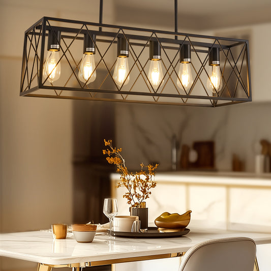 6-Light Modern Rectangle Chandelier for Dining Room - Large Black Farmhouse Kitchen Island Light Fixture